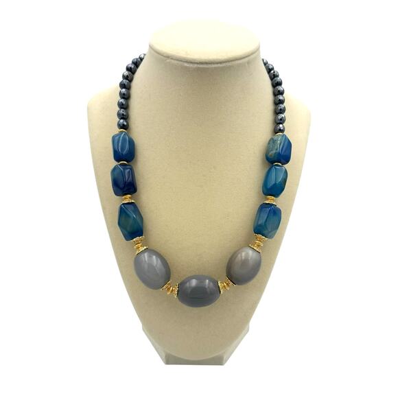 Barse NWT Agate Blue Ornate Gray Oval Stones Gold Tone Short Statement Necklace - Picture 1 of 9
